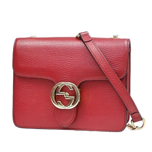 GUCCI Logo Interlocking G Chain Shoulder Bag Leather Red GHW Italy 58KA971 - Picture 1 of 16